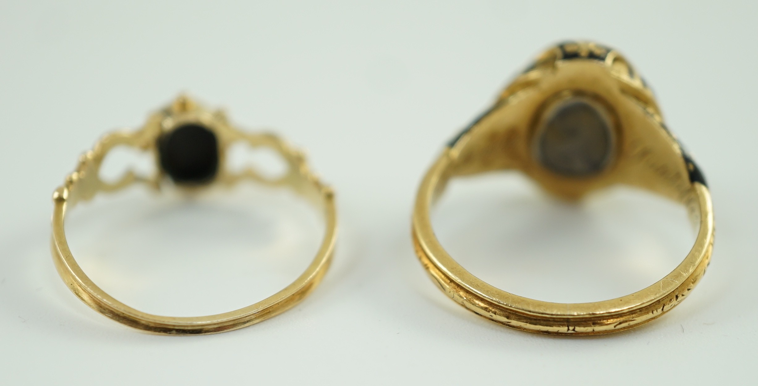 Two Victorian gold and chalcedony set mourning rings